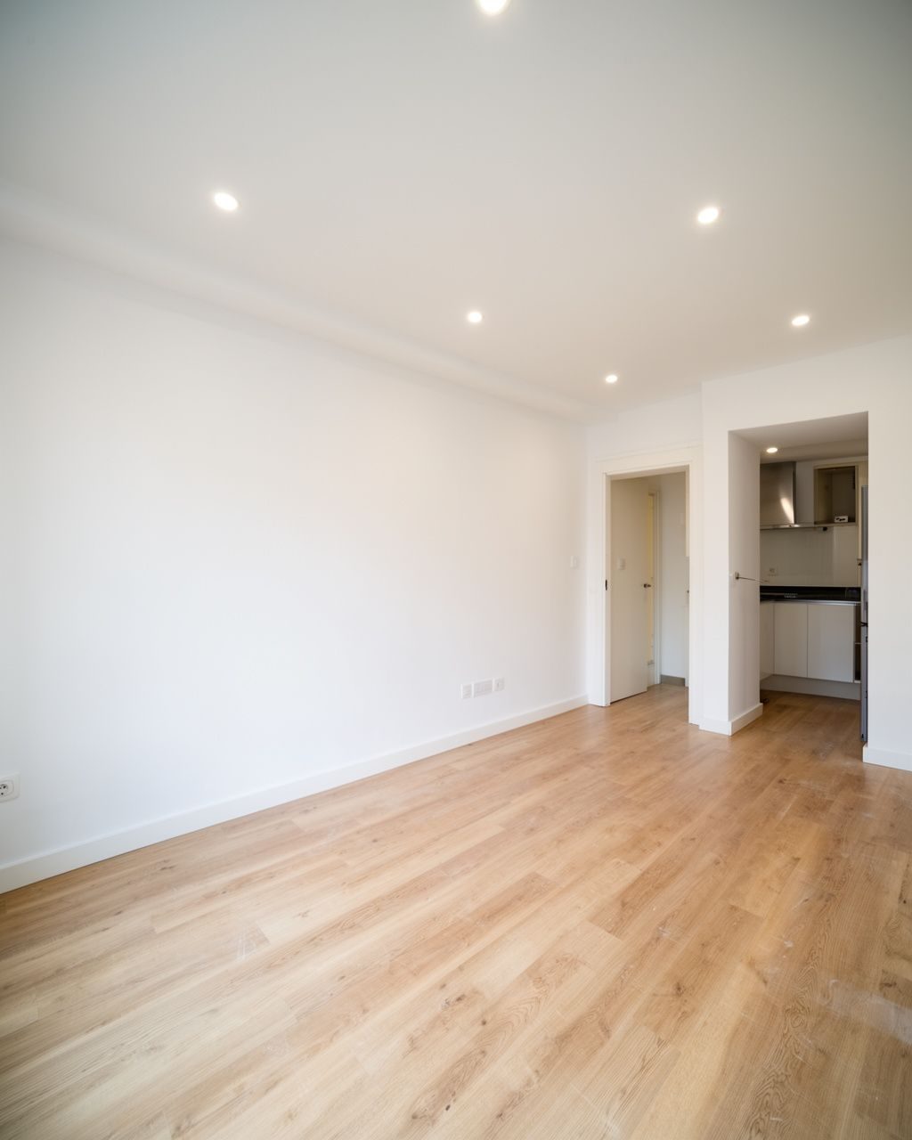 Salón de un piso reformado con suelo de madera y paredes lisas